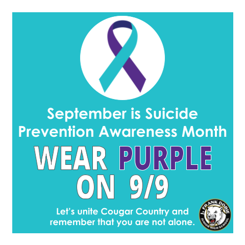 Dobie Counselors (@counselorsdobie) on Twitter photo Wear your PURPLE this FRIDAY, SEPT 9 to show your support of suicide prevention and awareness! Let's show our Cougar Country family that no one is alone. #youmatter #mentalhealthmatters #suicideprevention #suicideawareness <a href="/DobieJunior/">Dobie Junior High</a> Wear your PURPLE this FRIDAY, SEPT 9 to show your support of suicide prevention and awareness! Let's show our Cougar Country family that no one is alone. #youmatter #mentalhealthmatters #suicideprevention #suicideawareness <a href="/DobieJunior/">Dobie Junior High</a>