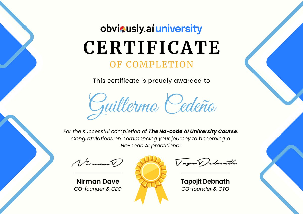 zamshq's tweet photo. We at @ObviouslyAI would like to congratulate the first batch of our #NoCodeAIUniversity graduates. ๐
๐ข Shoutout to:
Justin Mathew
Guillermo Cedeรฑo
Nishith Chowdhury
Chong Yeh Sai
Congratulations on becoming a certified #NoCodeAI practitioner! ๐๐ฎ
#NoCode #MachineLearning https://t.co/FpwzkK2OjT