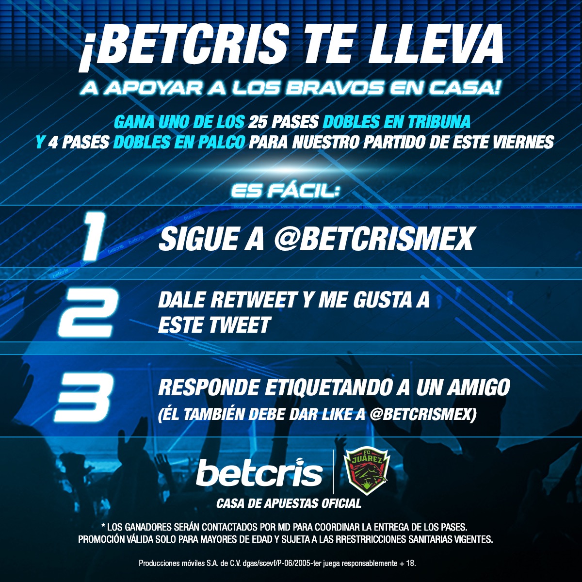 ¡Últimos juegos en casa junto a <a href="/betcrismex/">Betcris México</a> y queremos que nos acompañen!  🤝
Gana uno de los 2⃣5⃣ pases dobles en tribuna y 4⃣ pases dobles en palco para este viernes.🏟  

¡Tienes hasta el jueves para participar! 

#JuárezEsBetcris | #ContigoMásBravos