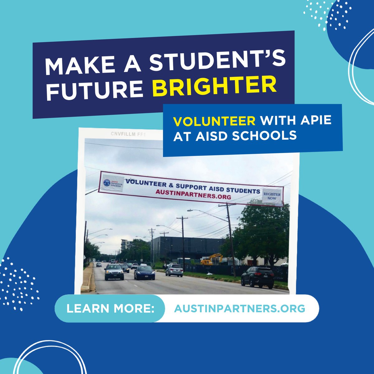 Have you seen our volunteer banner on North Lamar?! We're excited to be spreading the word about volunteering with @austinisd students for the 2022-23 school year! Mentoring registration is OPEN, and Math Classroom Coaching registration is coming soon. #volunteerinaustin