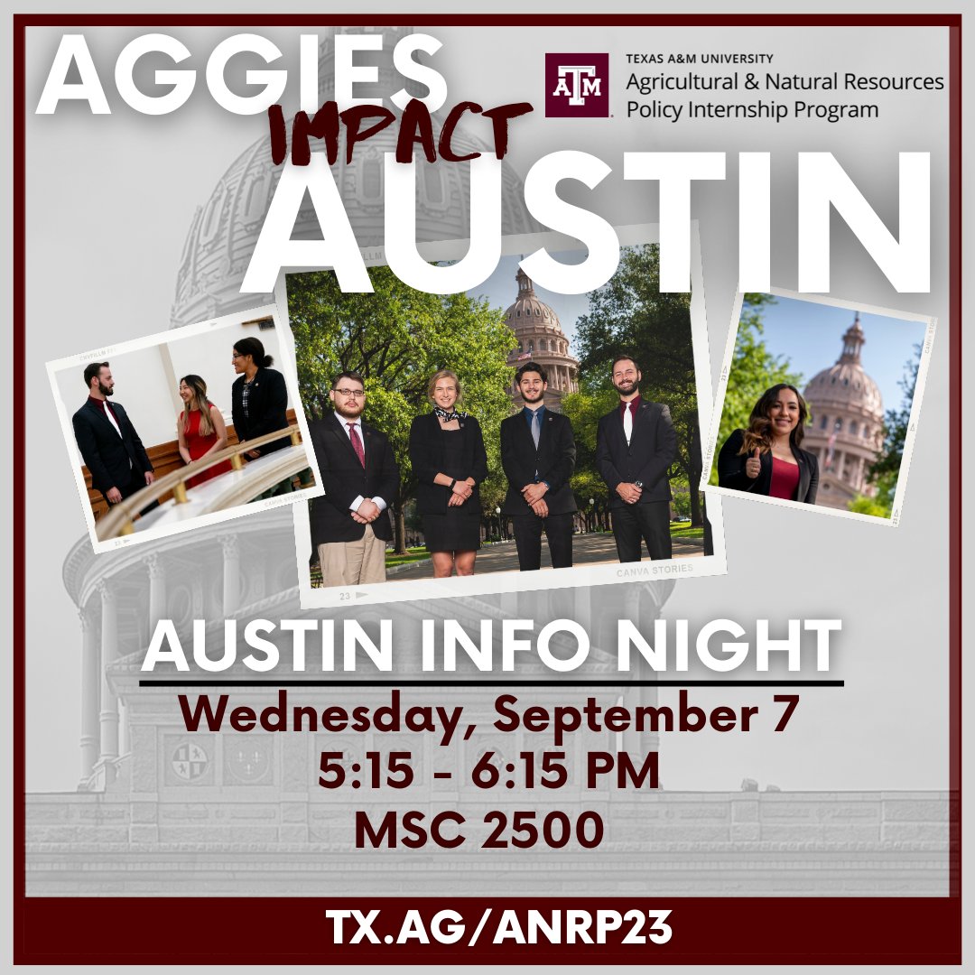 TamuANRP's tweet photo. 🚨HAPPENING TONIGHT! 🚨

Join us for our Austin Info Night and see if interning in Austin will be a good fit for you! 🫵

Ft. Policy Experts from Austin! 

5:15 pm in MSC 2500!

#AggiesImpactPolicy #AggiesImpactAustin #TAMU22 #TAMU23 #TAMU24 #TAMU25 https://t.co/1dKFDqvhMx