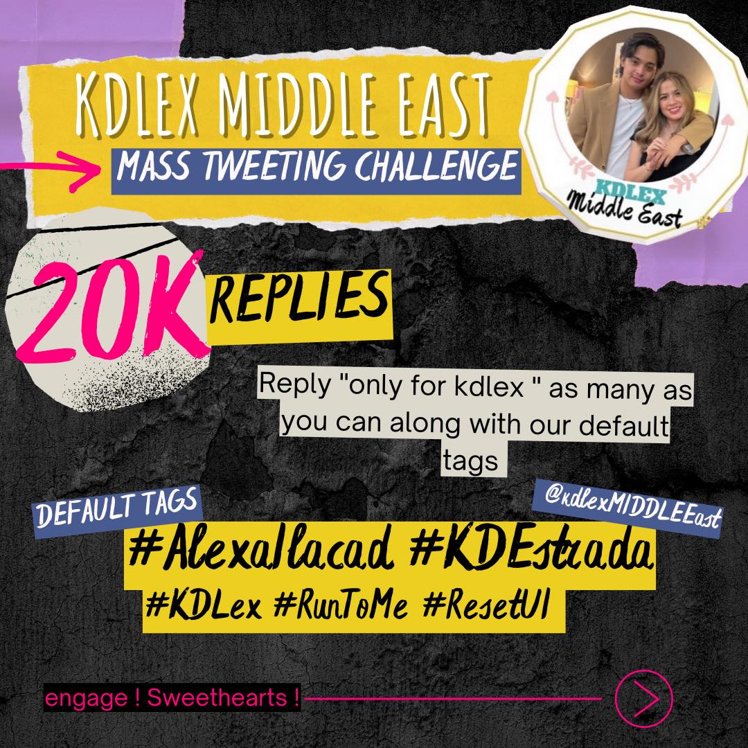 Team MOTIVATED yarn😂

Let's go Team Middle East and Sweethearts !!! 

Mass Tweeting Challenge !!

Goal: 20K Replies in 1 Week

Please use our Default tags

<a href="/alexailacad/">Alexa Ilacad ☾</a>  | #AlexaIlacad 
<a href="/kdestrada_/">kyle daiñel estrada</a>  | #KDEstrada 
#KDLex  | #RunToMe  | #ResetUI
