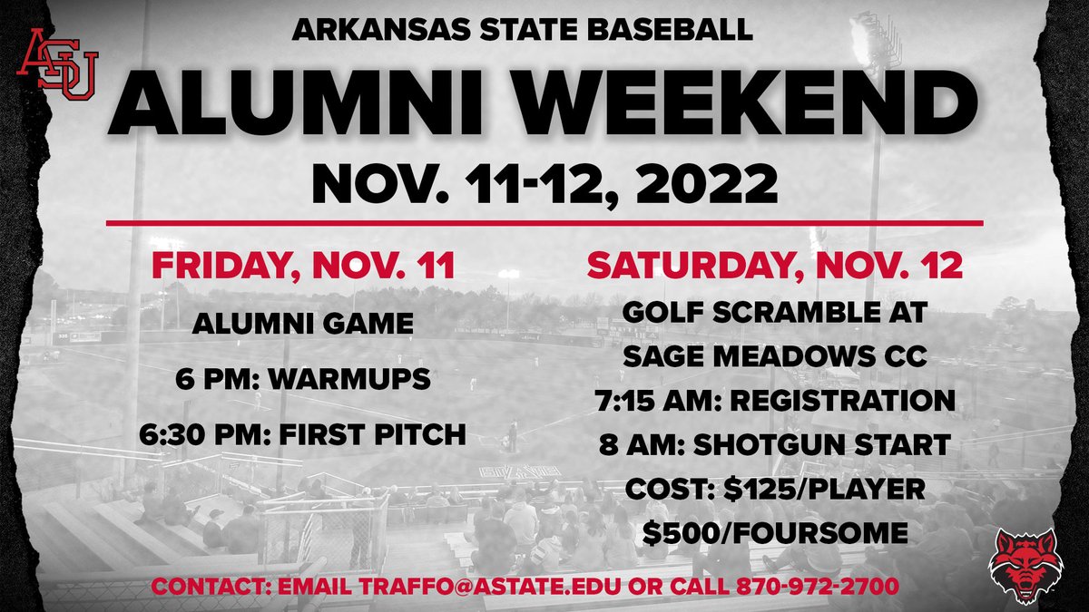 🗣 A-STATE ⚾ ALUMNI &amp; FAMILIES!

Join us Nov. 11-12 for Alumni Weekend and reconnect with former teammates!

Contact the A-State Baseball office if you are interested in attending!

📰 bit.ly/3RniVDm

#WolvesUp🐺