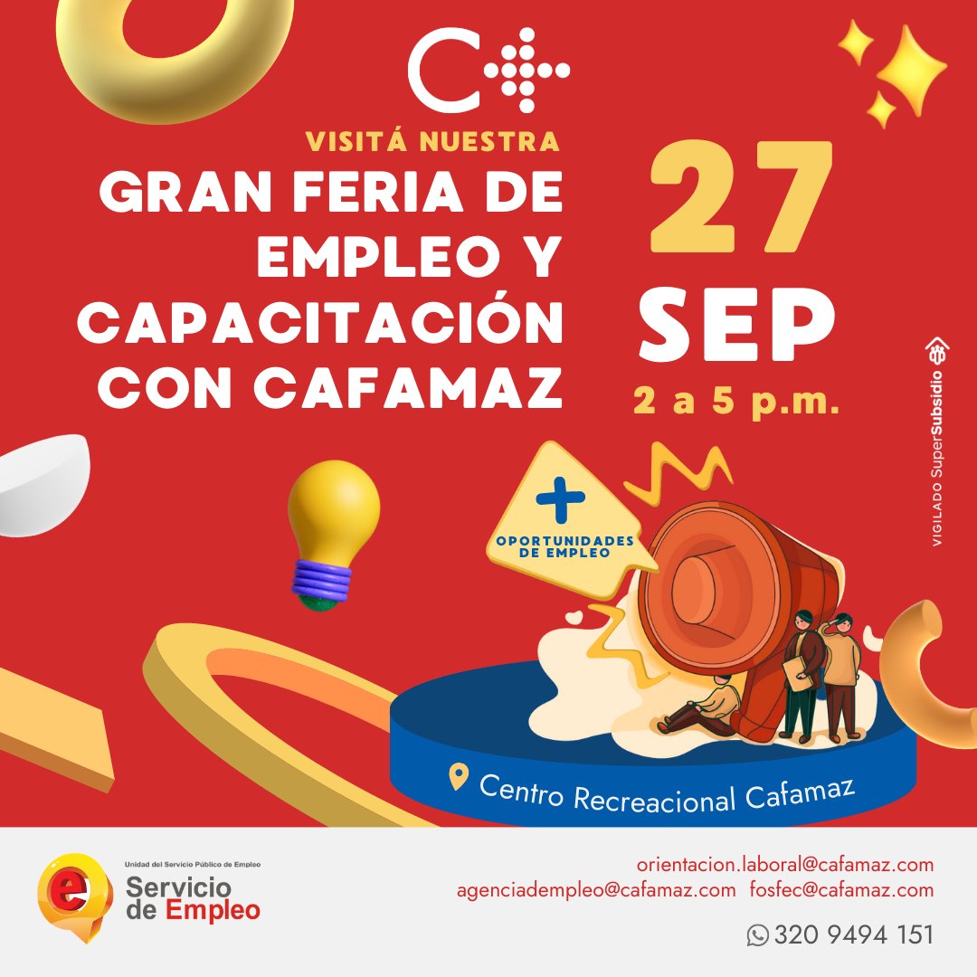cafamaz's tweet photo. Gran Feria de Empleo y Capacitación 💙
¿Te encuentras cesante? Te esperamos el 27 de septiembre en el Centro Recreacional Gabriela Marín de Cafamaz:
🛣️Ruta de empleabilidad
💰Subsidio al desempleo
👷🏾‍♀️Ofertas laborales
👨🏻‍🏫Capacitaciones 

#OportunidadesParaTodos
@ServiciodEmpleo https://t.co/CCDOXaGcnx