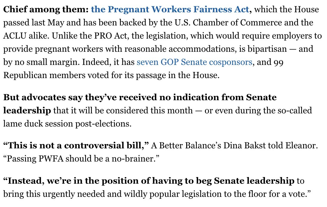 In today's <a href="/POLITICO/">POLITICO</a> Morning Shift: The Pregnant Workers Fairness Act has the votes it needs to pass the Senate, yet a vote has not been scheduled, and time is running out. 

<a href="/SenSchumer/">Chuck Schumer</a>, women and families cannot afford this delay. #ProtectPregnantWorkers