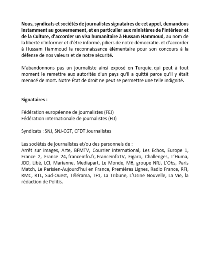 Le journaliste syrien Hussam Hammoud doit être protégé.
Il collabore depuis des années avec des médias français.
La France lui a refusé sa demande de visa humanitaire.
Nous, Syndicats et SDJ, demandons au gouvernement de revenir sur sa décision.