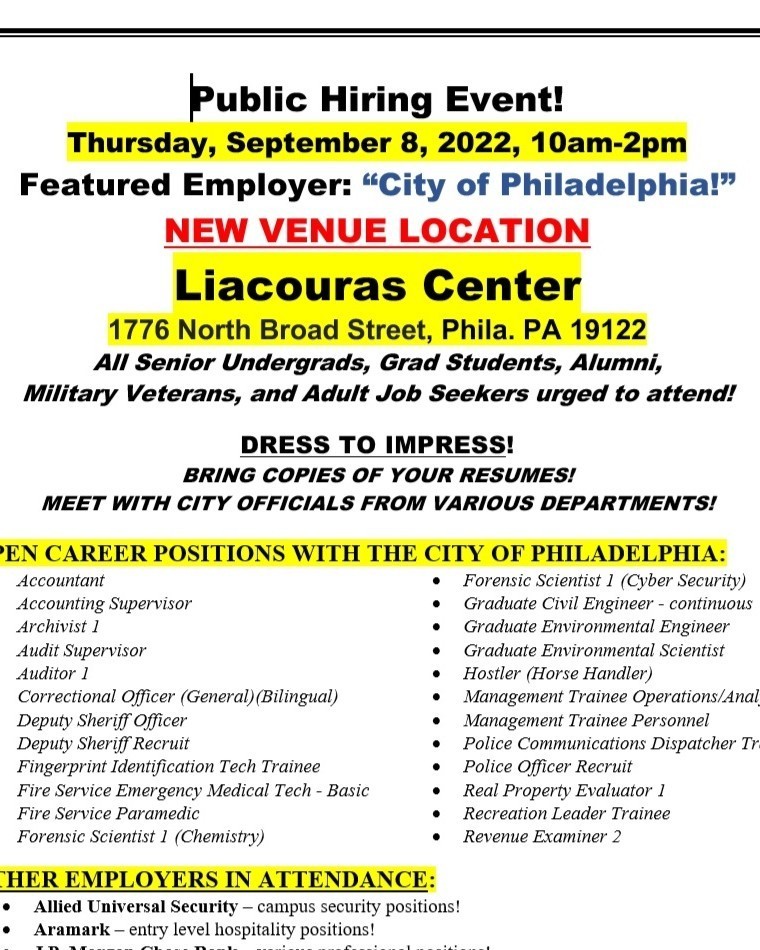 Join us this Thursday 9/8 for a public hiring event featuring job opportunities with @PhiladelphiaGov and more!