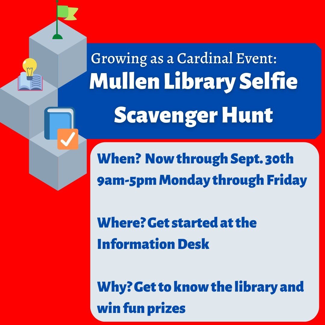 CUAlibraries's tweet image. Do you want to win some fun library ✨swag✨ and a delicious treat? All you have to do is come to the library and complete our scavenger hunt during the designated times!
#mullenlibrary #catholicuniversity #growingasacardinal #selfie #win #prizesprizesprizes