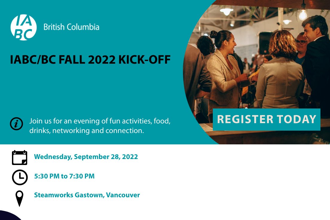 IABCBC's tweet photo. IABC/BC is excited to host our annual Fall Kick-off Social in person! Mix and mingle with fellow communicators as we start off the year.
Learn more and register here: https://t.co/fFgCMiZtO0
#IABCBC #communicators #socialevents https://t.co/BbJ8PxL3IN