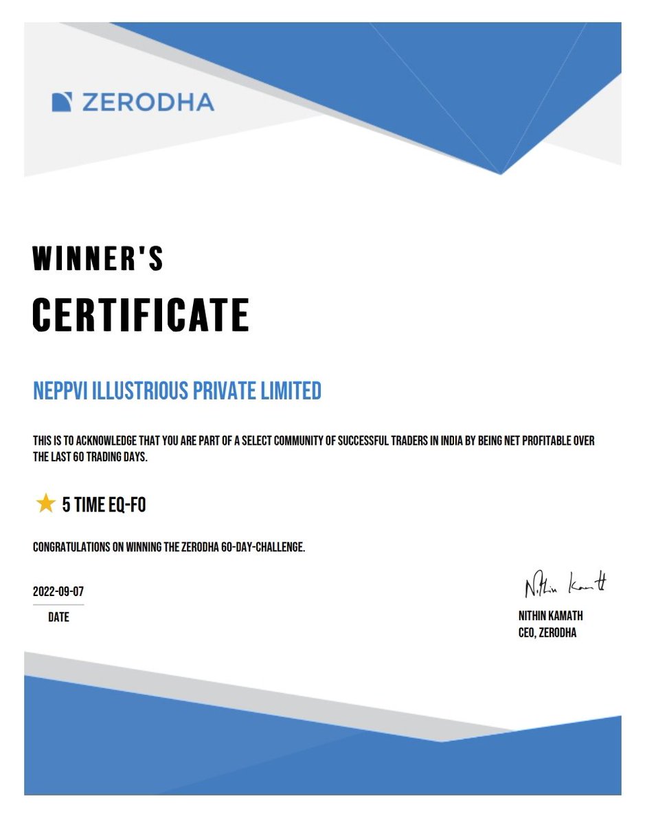 Neppvi2020's tweet photo. Happy to announce that we are 5 time winner of Zerodha 60 day challenge. @zerodha @CoinByZerodha https://t.co/WNteEWtjsK