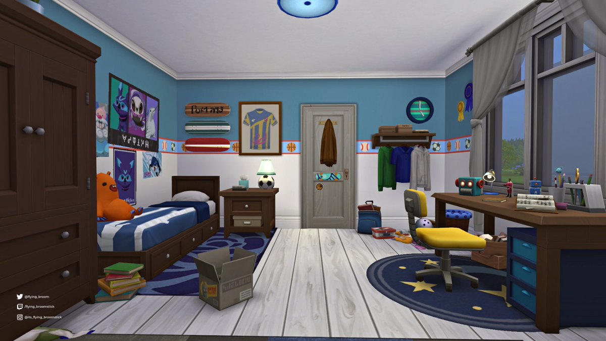 Flying_Broom's tweet photo. Made a messy pre-teen/kids' bedroom! Sporty, but also into robotics? Heck yeah. • #ShowUsYourBuild  #sims4roombuild #sims4 #TS4 #thesims #thesims4 #sims4room #nocc • @TheSims @SimsCreatorsCom @TheSimmersSquad https://t.co/XFF3yFQEhe