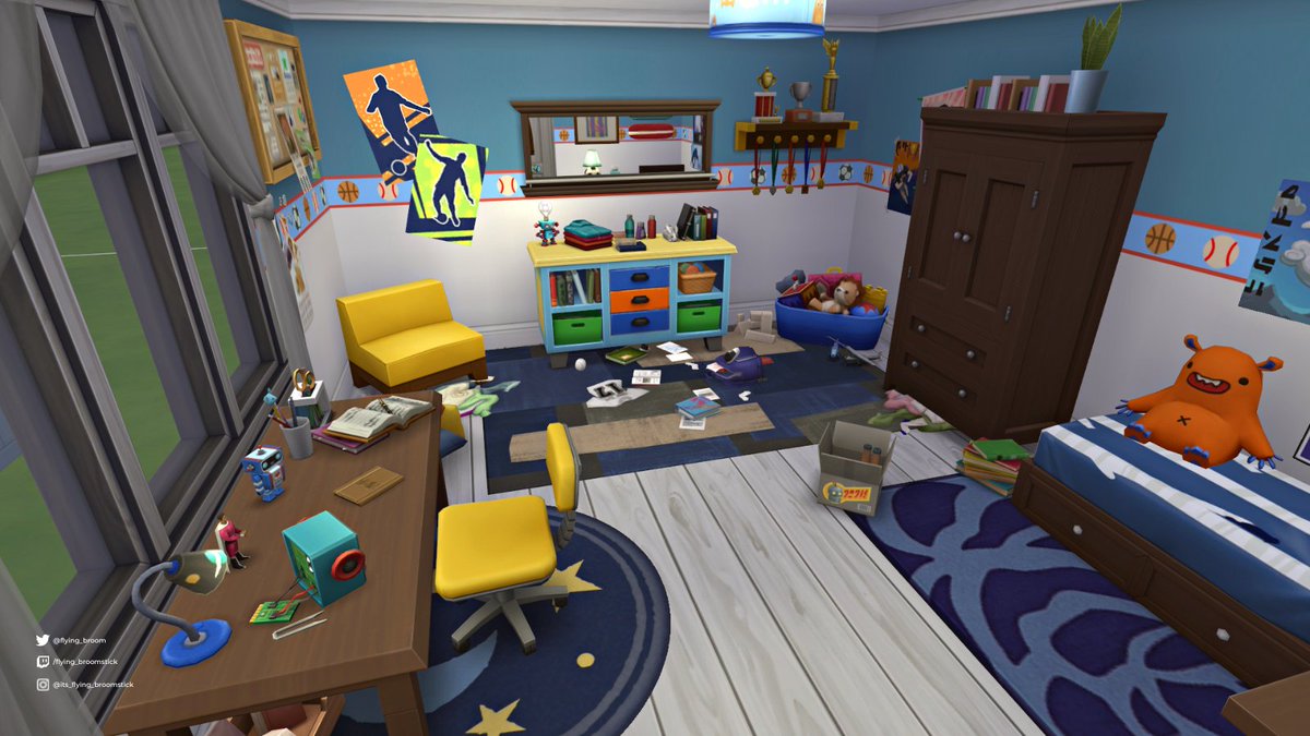 Flying_Broom's tweet photo. Made a messy pre-teen/kids' bedroom! Sporty, but also into robotics? Heck yeah. • #ShowUsYourBuild  #sims4roombuild #sims4 #TS4 #thesims #thesims4 #sims4room #nocc • @TheSims @SimsCreatorsCom @TheSimmersSquad https://t.co/XFF3yFQEhe