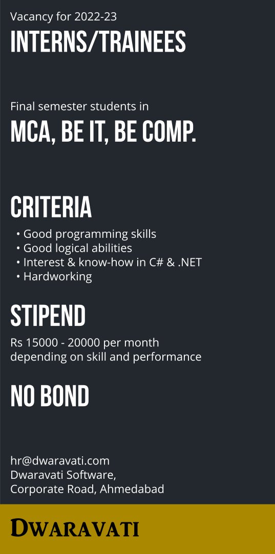 dkinjal's tweet photo. Please forward for better reach.

#ahmedabad #jobopening #job #internship #Developer https://t.co/E8LNtxGuiR