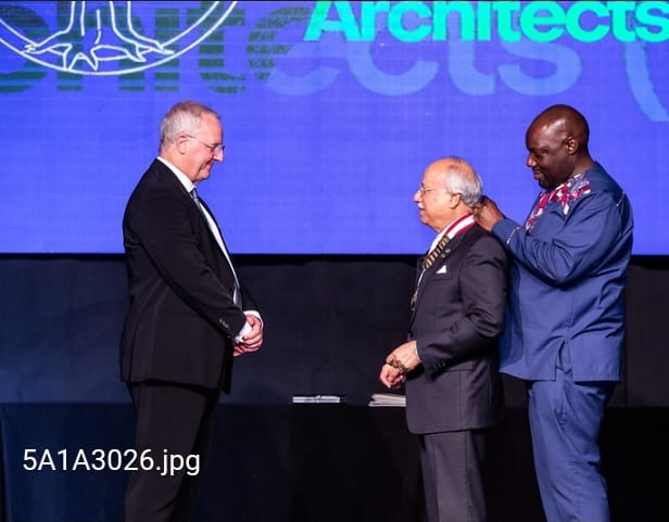 Change of Guard. From right to left is newly elected Senior Vice President of Commonwealth Association Architects (CAA), S. Oundo (Kenya), Outgoing President, K. Siddiqui (Pakistan) and New President, P. Oborn(UK)