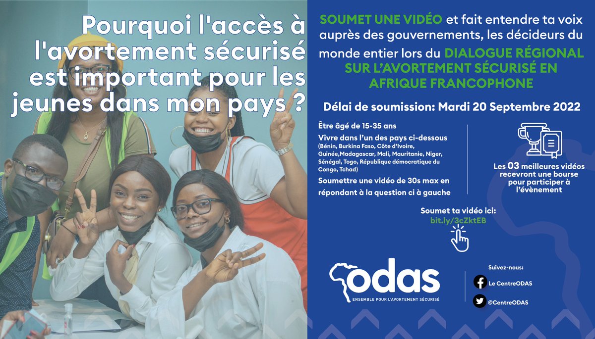 Le centre ODAS lance son concours vidéo des jeunes dans le cadre du Dialogue Régional sur l'Avortement Sécurisé en Afrique Francophone (DASAF). Jeune “O’dacieux” “O’dacieuse”, fait entendre ta voix en soumettant ta vidéo ici 👉bit.ly/3cZktEB
#Sept28 #Youth #CentreODAS