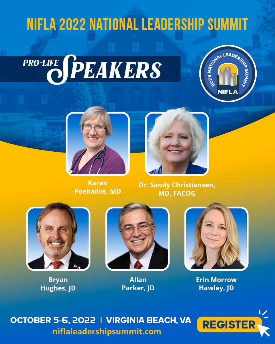 NIFLA's tweet image. Join us in October to listen to these experts tackle critical topics ranging from center operations to the evolving legal, medical, and media landscape.

Register today: niflaleadershipsummit.com/registration/

@opnfpdoc @TJFJustice

#NIFLASummit2022 #SupportPregnancyCenters
