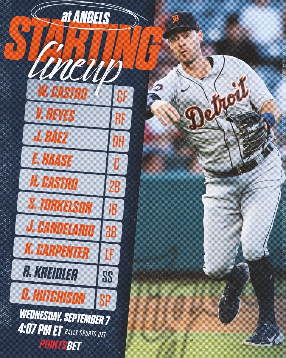 September 7 Tigers lineup at Angels:
Willi Castro, center field.
Victor Reyes, right field.
Javier Báez, designated hitter.
Eric Haase, catcher.
Harold Castro, second base.
Spencer Torkelson, first base.
Jeimer Candelario, third base.
Kerry Carpenter, left field.
Ryan Kreidler, shortstop.
Drew Hutchison, starting pitcher.

Tonight's game begins at 4:07 p.m. ET with broadcast coverage on Bally Sports Detroit.