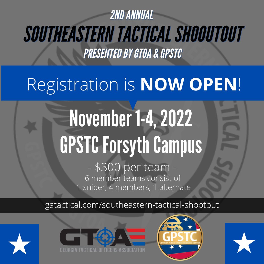 GPSTC's tweet photo. Attention all SWAT teams! Its that time of year to "show out" your skills. The 2nd Annual Southeastern Tactical Shootout presented by GTOA and GPSTC will be November 1st-4th, 2022, at GPSTC main campus, Forsyth, Ga. #GTOA #GPSTC #SWATGAMES https://t.co/TjM6i7GYsy