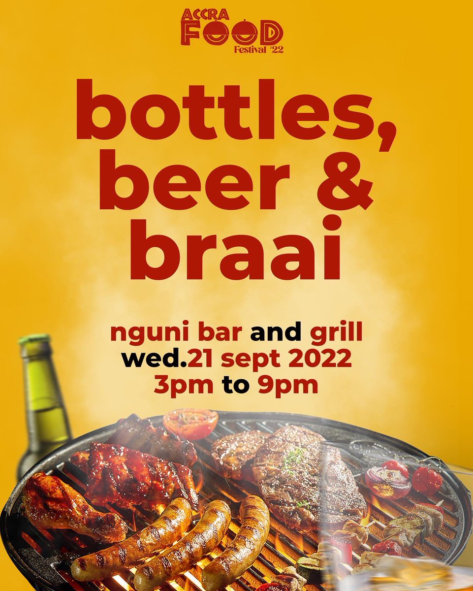 AccraPremium's tweet photo. The @AccraFoodFestival Week Line Up:

Bottles, Beer, &amp; Braai - Wed 21 Sept 22, Nguni Grill, 3PM

Wine Lovers Wonderland- Thurs 22 Sept 22, Alliance Française Accra, 6PM

Accra Food Festival- Sat 24 - Sun 25 Sept, Accra Polo Club, 11AM

All tickets are LIVE on @eGotickets 
#AFF9 https://t.co/mezF2N9njZ