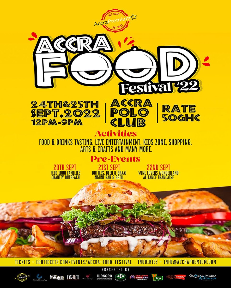 AccraPremium's tweet photo. The @AccraFoodFestival Week Line Up:

Bottles, Beer, &amp; Braai - Wed 21 Sept 22, Nguni Grill, 3PM

Wine Lovers Wonderland- Thurs 22 Sept 22, Alliance Française Accra, 6PM

Accra Food Festival- Sat 24 - Sun 25 Sept, Accra Polo Club, 11AM

All tickets are LIVE on @eGotickets 
#AFF9 https://t.co/mezF2N9njZ