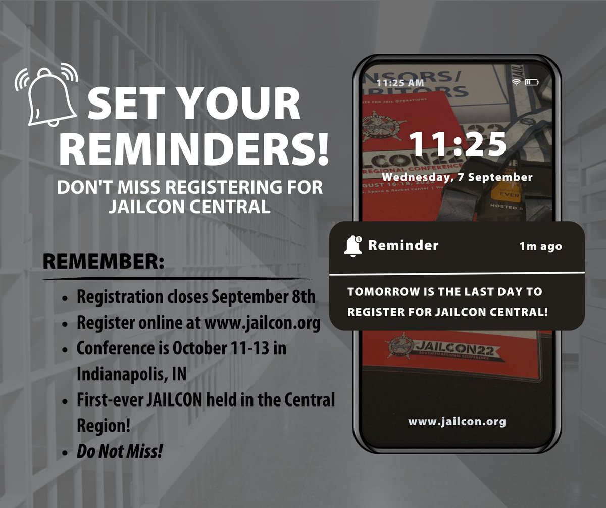 JailTrainingOps's tweet photo. Don't forget that tomorrow is the last day to register for #JAILCONCentral!  This conference will offer 20+ hours of #legalbasedtraining sessions on a variety of relevant, corrections-specific topics. 

Register by visiting: https://t.co/ZpIzyFg5cp https://t.co/bhWsoMJ7hy