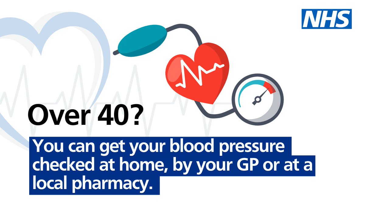 If you’re over 40, you should get your blood pressure tested at least every five years. 
 
You can get your blood pressure tested at NHS pharmacies, at an NHS health check appointment, at home, or at your GP surgery. #KnowYourNumbers nhs.uk/conditions/blo…