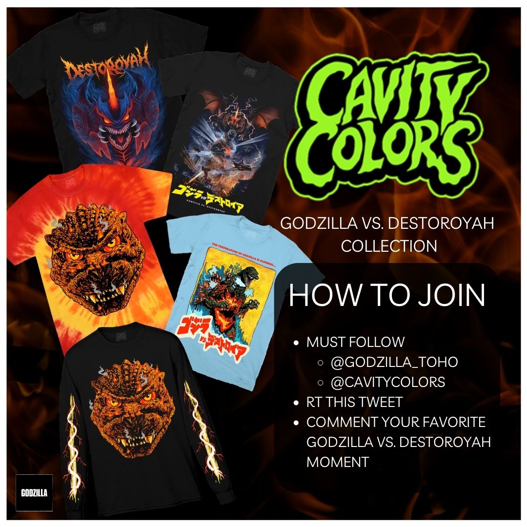 🚨 We're giving away a set of officially licensed #GODZILLA VS. #DESTOROYAH goodies! 👕

HOW TO JOIN
🔥 Must follow <a href="/Godzilla_Toho/">GODZILLA.OFFICIAL</a> &amp; <a href="/CAVITYCOLORS/">CAVITYCOLORS 🎃</a>
🔥 RT this tweet
🔥 Coment your favorite #GodzillavsDestoroyah moment

Giveaway ends 9/17 11:59PM PST.