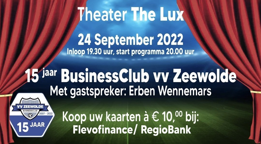 De feestavond is toegankelijk voor iedereen die <a href="/vvZeewolde/">vvZeewolde</a> warm hart toedraagt.
Naast onze spreker wordt ook het eerste elftal gepresenteerd en horen we wat de ambities zijn voor dit seizoen.
Wees snel want VOL = VOL
