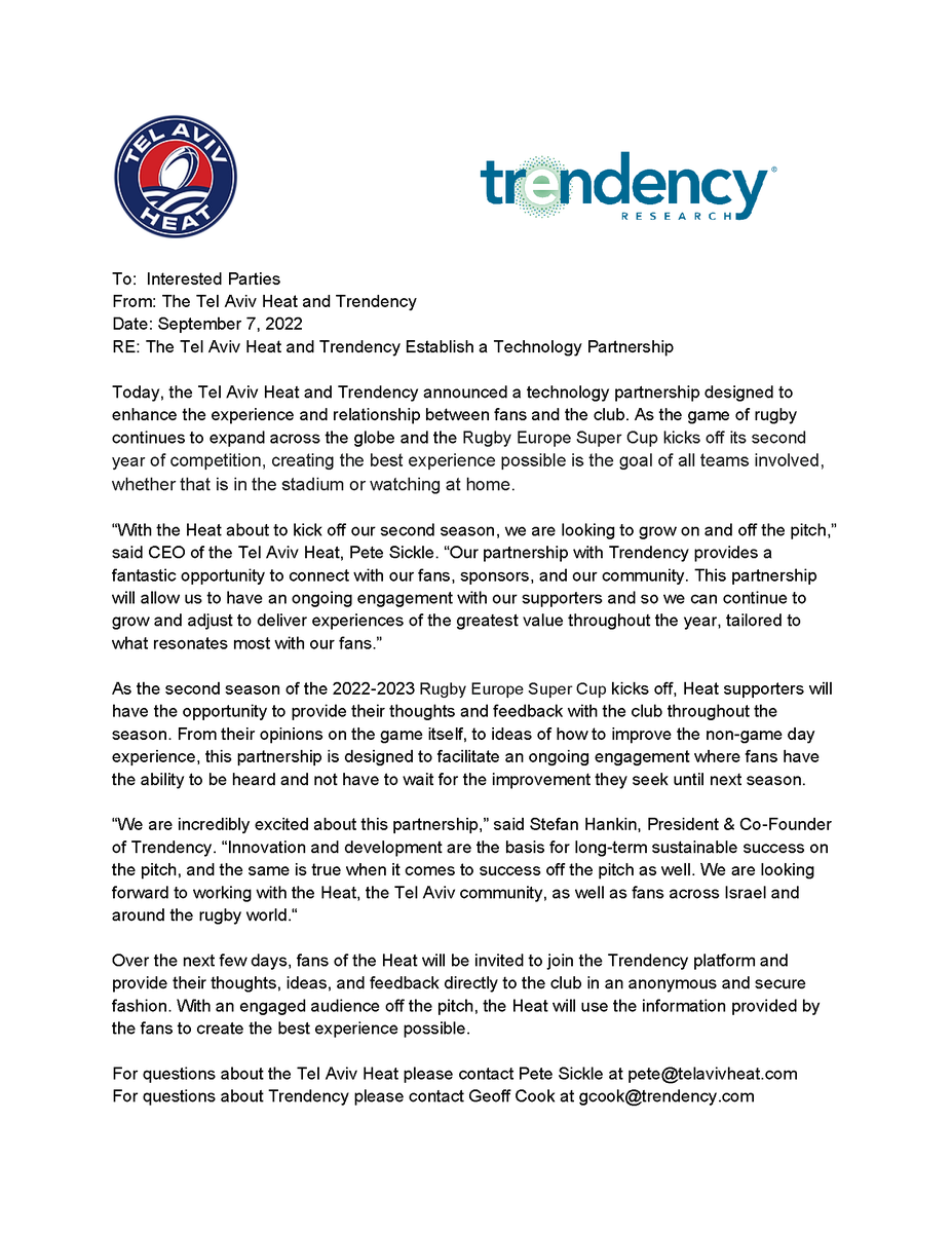 trendency's tweet image. Very excited to announce our partnership with the @TelAvivHeat to help improve the fan experience throughout season number 2. #rugby #TelAviv