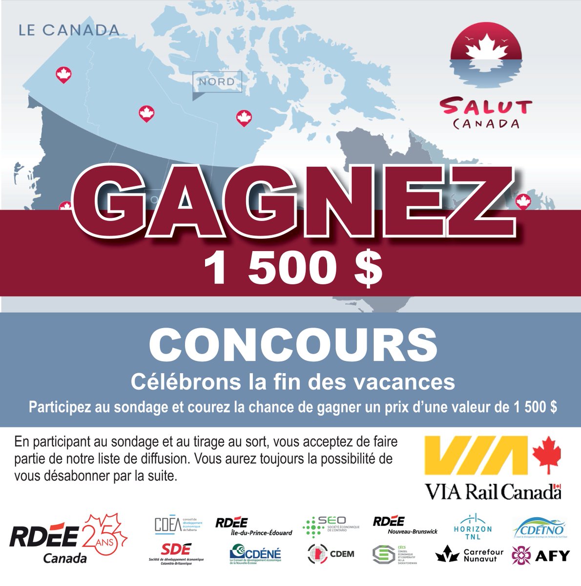 RDEECanada's tweet photo. Finissez les vacances sur une bonne note en participant au concours de Salut Canada! Courez la chance de gagner un prix d’une valeur de 1 500$. 

Visitez ce lien pour participer! https://t.co/Xu40zt0rcA

@salut_canada https://t.co/SxhfpWEn4p