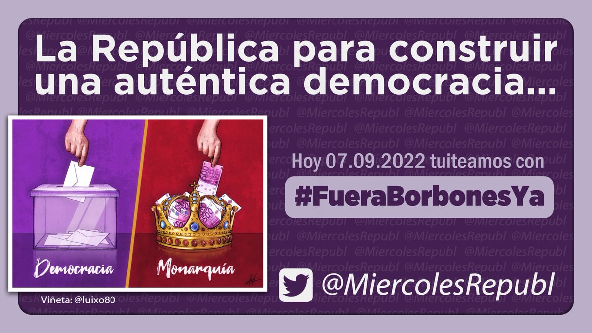 pilimilirepipi's tweet photo. Somos republican@s porque creemos en la igualdad entre las personas.

Es inconcebible un mundo de reyes y plebeyos, de genuflexiones y reverencias, de ladrones y consentidores...

Votar al jefe del estado debería ser ley!

#FueraBorbonesYa #FelizMiercoles https://t.co/1LiU5ZuyR4
