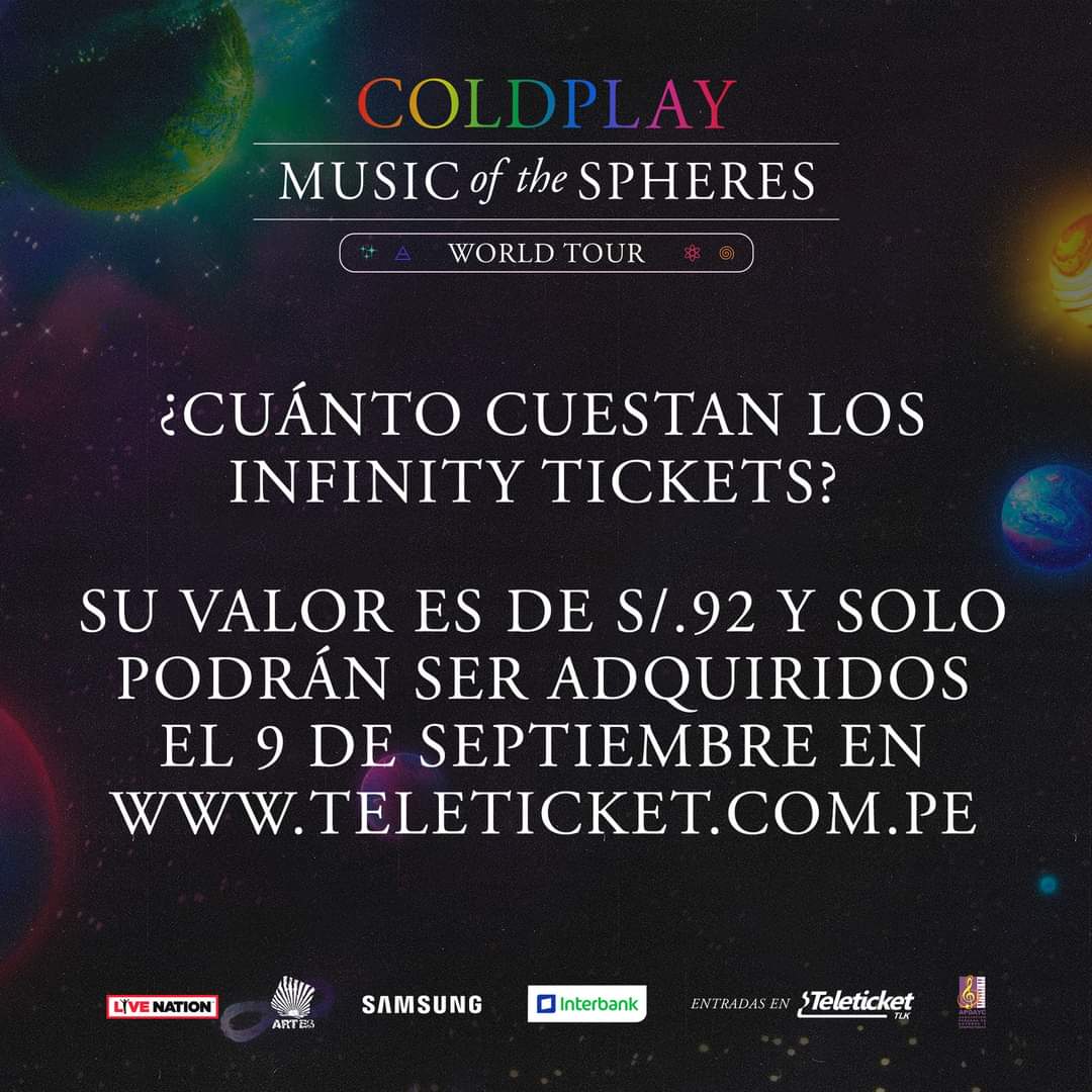 Artes_Peru's tweet photo. 📣🎟 La fecha doble de @coldplay en Lima, de este 13 y 14 de septiembre en el Estadio Nacional, tendrá “INFINITY TICKETS” ¿Quieres saber cómo puedes acceder a ellos? Presta atención: https://t.co/JMhBPCLB3v