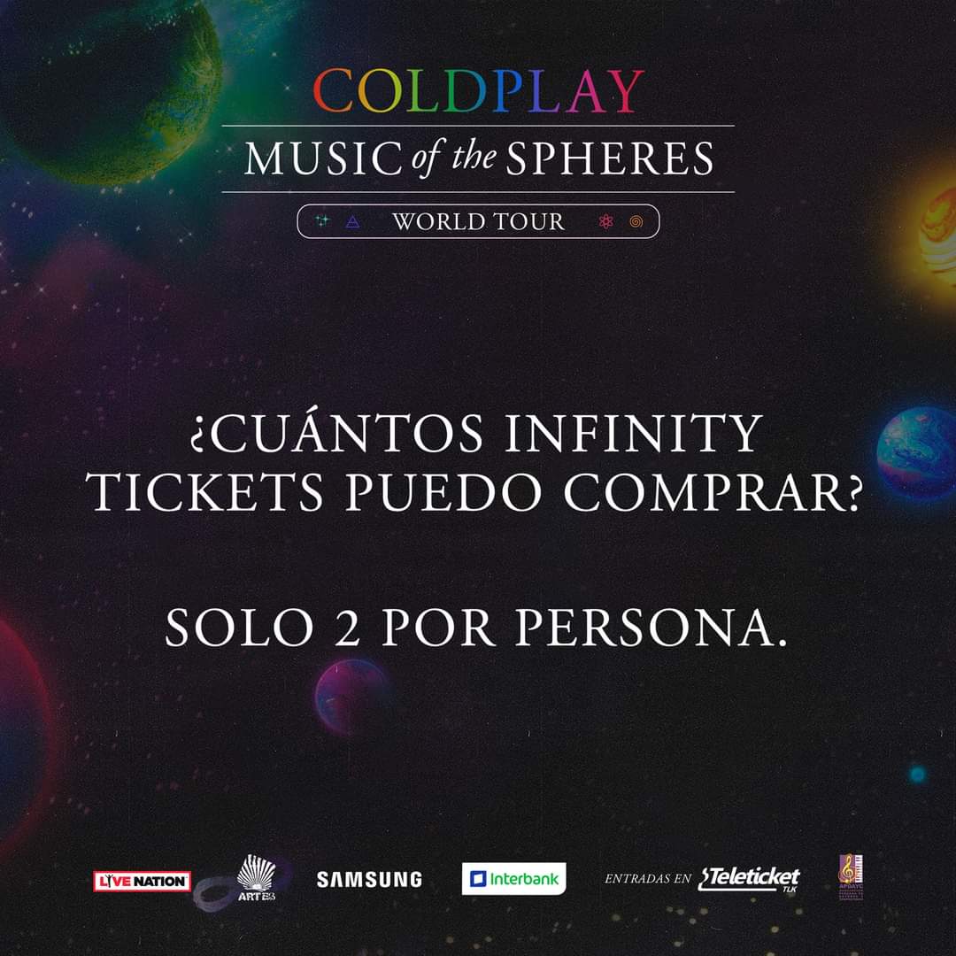 Artes_Peru's tweet photo. 📣🎟 La fecha doble de @coldplay en Lima, de este 13 y 14 de septiembre en el Estadio Nacional, tendrá “INFINITY TICKETS” ¿Quieres saber cómo puedes acceder a ellos? Presta atención: https://t.co/JMhBPCLB3v