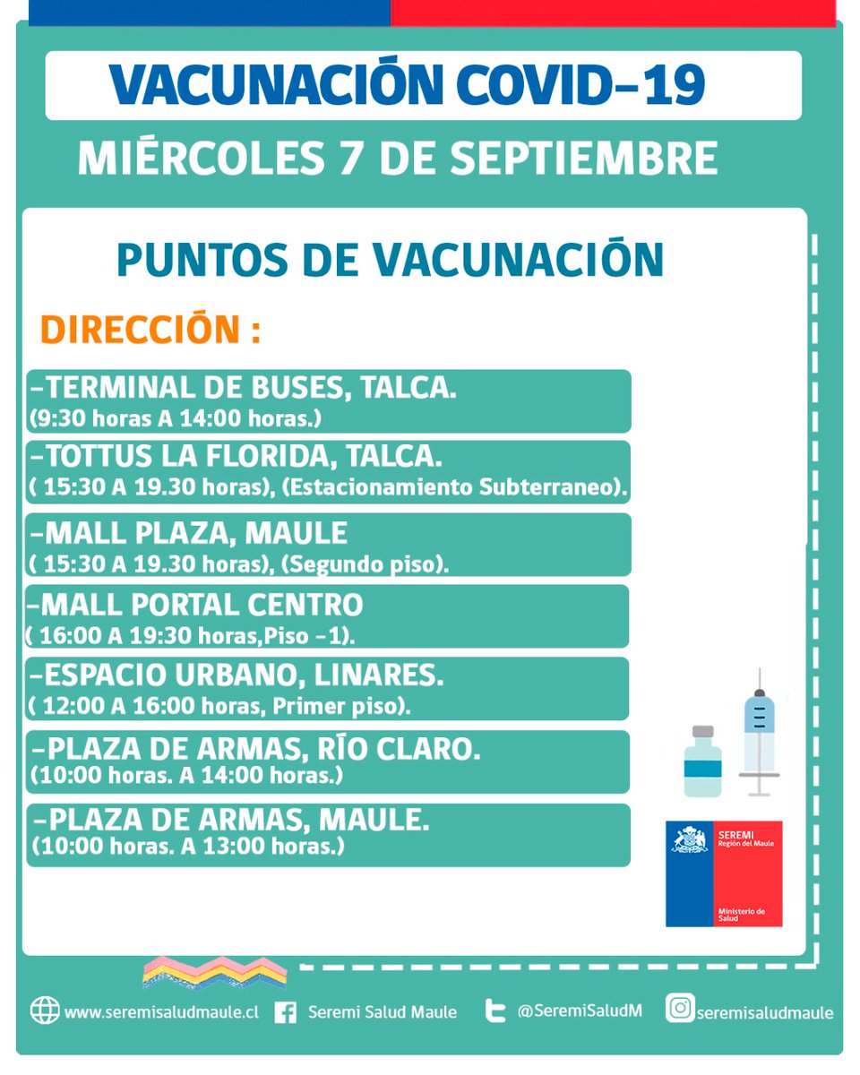 SSMaule's tweet photo. ✅Estos son los centros de 💉vacunación contra el Covid para hoy miércoles 07 de septiembre para la comuna de Talca, Linares, San Clemente y San Rafael. #SeguimosCuidándonos #PonteAlDía #DosisDeRefuerzo #YoMeVacuno #ChileApoya https://t.co/GpHue5guTo