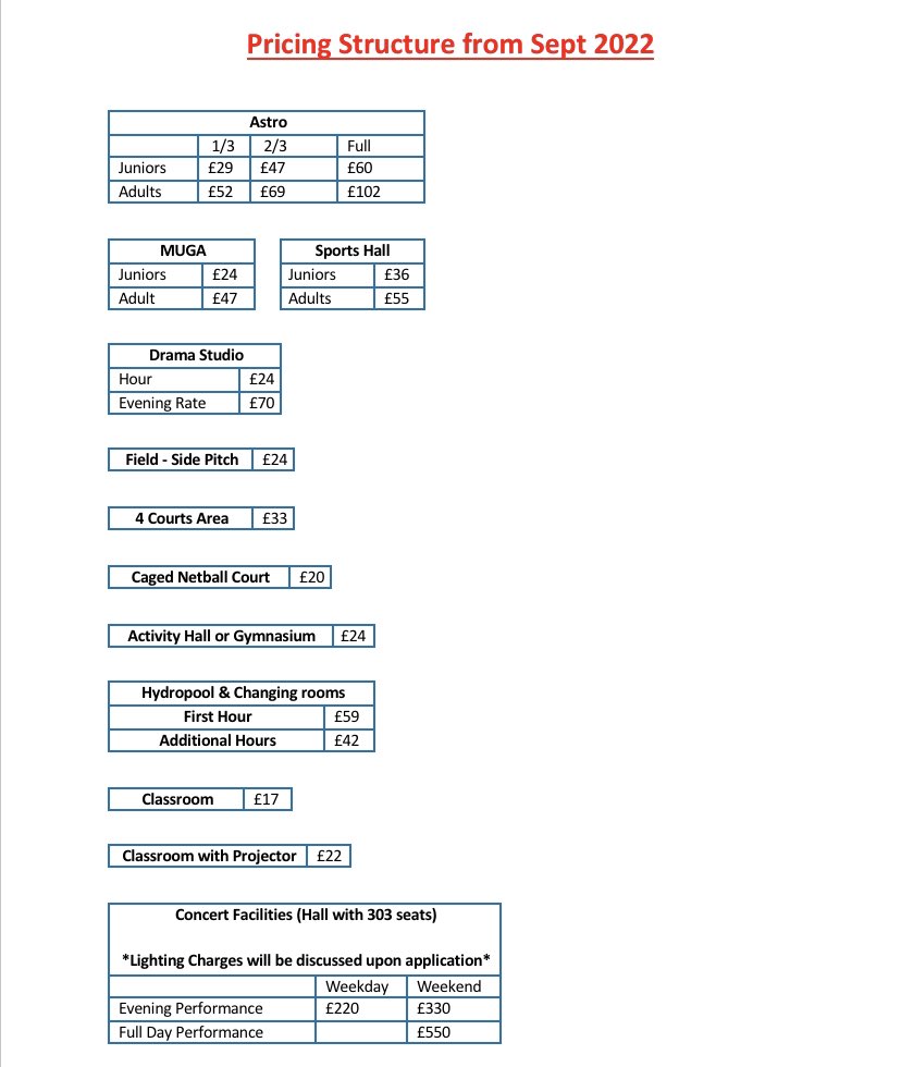 Please find below our new pricing structure. Should you have any queries please don’t hesitate to get in touch on bookings@beckfoot.org or through Twitter.