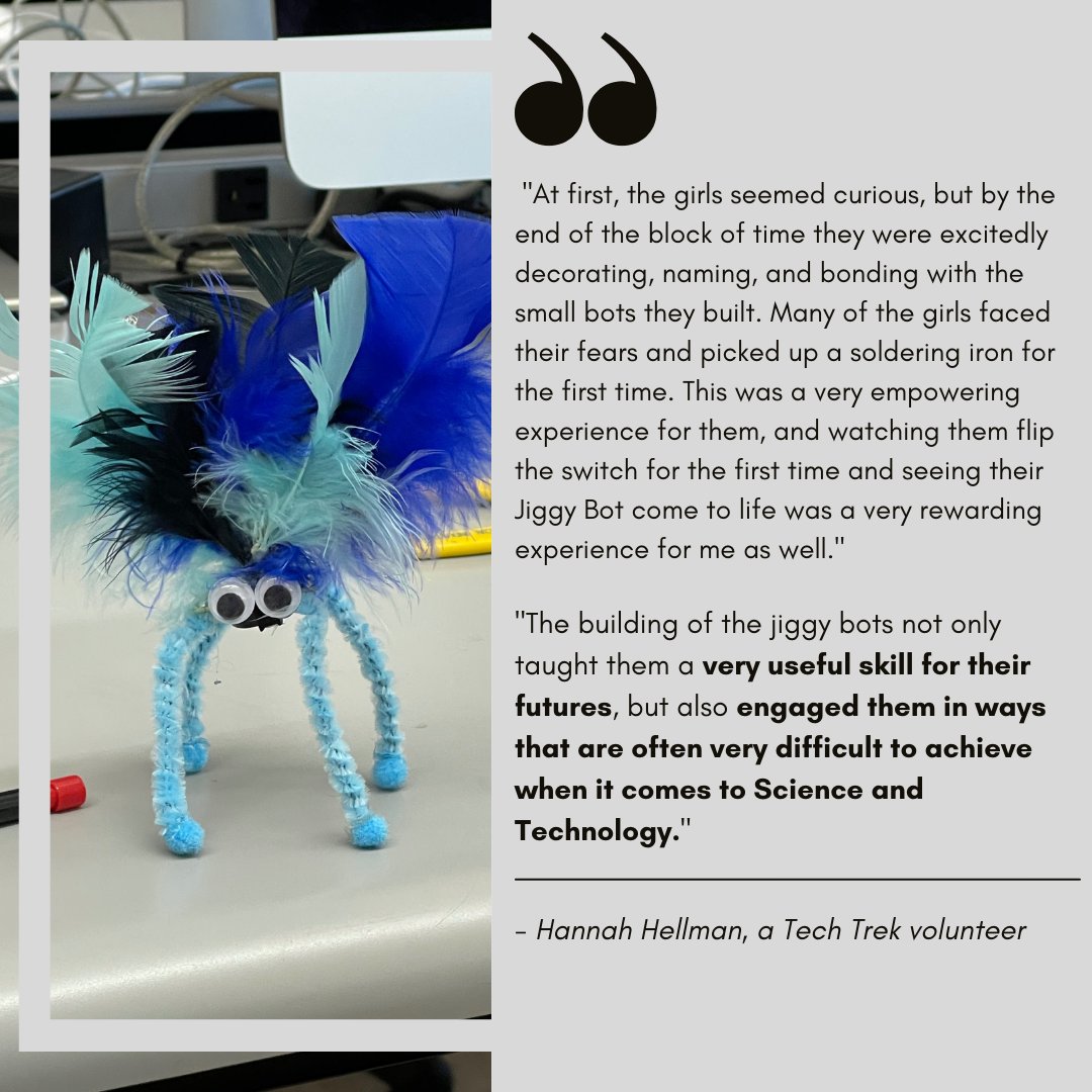 TwiggsSpaceLab's tweet photo. Hannah Hellman, a Tech Trek volunteer, explains her experience watching students work on the Jiggy Bot: https://t.co/muwpxDFlZI