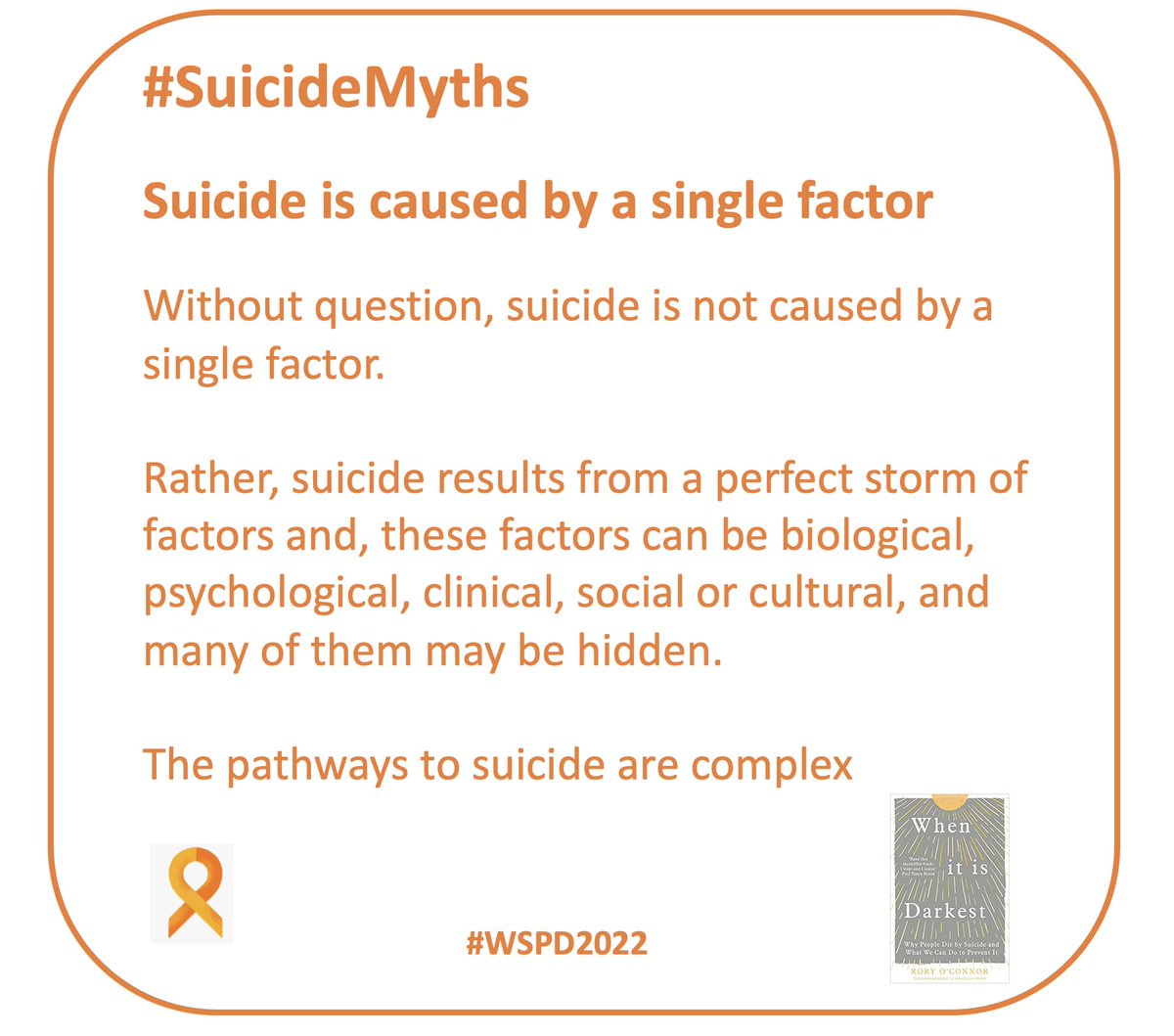 Continuing with the suicide myths for #WSPD2022, here's myth #4 that suicide is caused by a single factor.

This myth is still all too often perpetuated by some media reports, that reduce explanations of suicide to a single cause, which is wrong and dangerous 

 #SuicideMyths