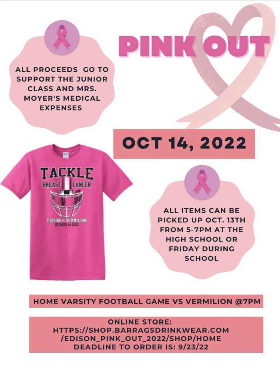 Support us and Mrs. Moyer!! If you’re interested in buying a shirt for the pink out copy the link shown below 👇 

shop.barragsdrinkwear.com/edison_pink_ou…