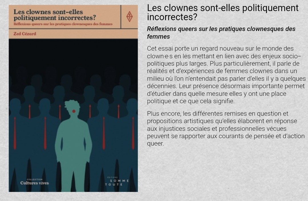 GelosRisus's tweet photo. 🤡 Drôlerie derrière le masque

#RiresEnReflexion 

Les clownes sont-elles politiquement incorrectes? Réflexions queers sur les pratiques clownesques des femmes.
https://t.co/CbxUzTz2FN
#artclownesque #clown https://t.co/zN01WLVmdo