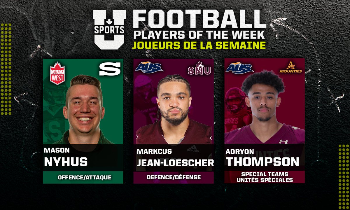🏈 Nyhus, Jean-Loescher and Thompson named U SPORTS football players of the week

🏈 Nyhus, Jean-Loescher et Thompson nommés joueurs de la semaine de U SPORTS au football

EN🔗 bit.ly/3RnoqCf
FR🔗 bit.ly/3RJdM8x