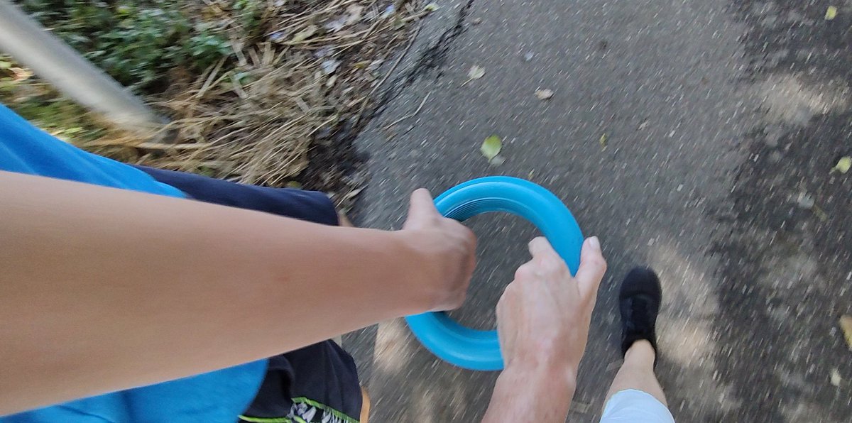 Vandaag lekker gewandeld met m'n zoon. Dit was ooit een gouden tip van een leerkracht, daarom deel ik 'm af en toe: Een rubberen ring ipv een hand. (Kinderen met autisme willen dat vaak niet.) Het geeft houvast en sturing. #tip #autisme