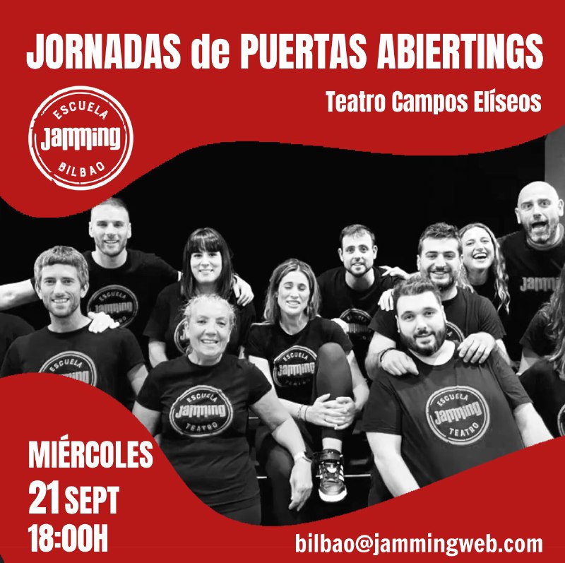 EscuelaJamming's tweet photo. 📢 JORNADA de PUERTAS ABIERTAS en el @teatrocampos #BILBAO

¿Quieres saber qué es y qué hacemos en los CURSOS de IMPROVISACIÓN TEATRAL @jammingteatro?
¡Vente el MIÉRCOLES 21 a las 18:00h!

Es gratuito y las plazas son limitadings.
Reserva la tuya ahora en 📮 bilbao@jammingweb.com https://t.co/xOwFJmkQTA