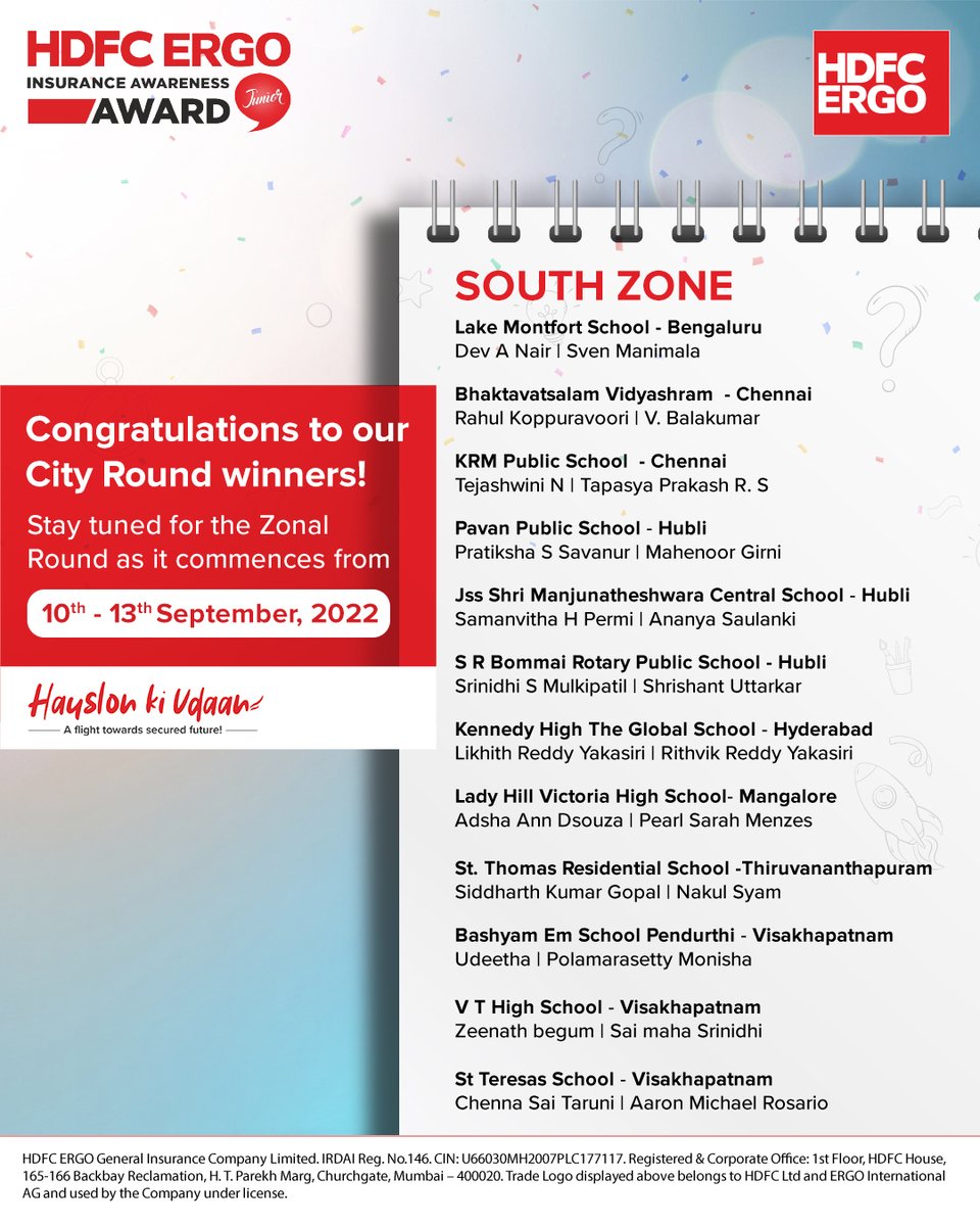 HDFCERGOGIC's tweet photo. Congratulations to the winners of the City Rounds of the 7th Edition of the HDFC ERGO Insurance Quiz.

The winners are now headed to the Zonal Rounds, which will take place from 10th September to 13th September.

#InsuranceQuiz #HDFCERGO #HauslonKiUdaan #TowardsSecuredFuture https://t.co/kTUxBmrhF8
