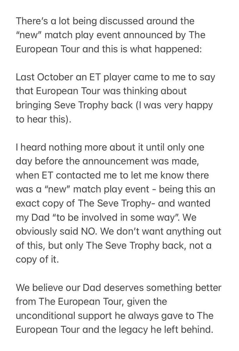 Statement about the “new” match play event announced by The European Tour. #SeveTrophy