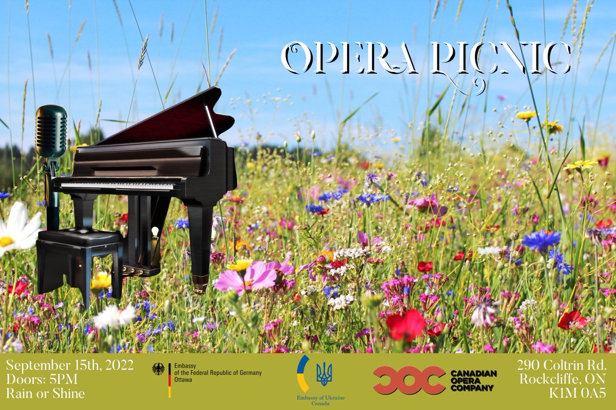 GermanyInCanada's tweet photo. Don't pack away your picnic blankets & lawn chairs just yet! Summer isn't quite over: our Opera Picnic will take place next Thurs., Sept. 15th at 5PM!
Our free concert returns, feat. @CanadianOpera's #EnsembleStudio stars & in solidarity w. #Ukraine.
Info: https://t.co/ot67XBWJh9 https://t.co/kuNztUDCtg