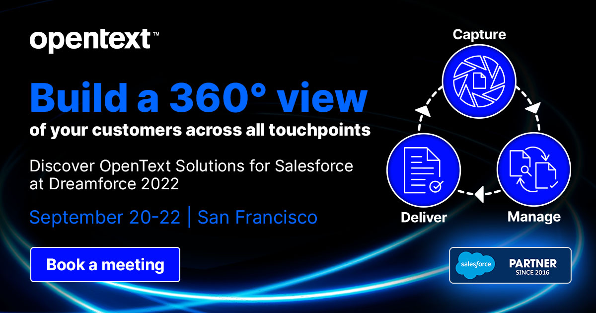 Improving sales processes, speeding up decision-making and gaining deeper customer insights - all from a single source - are just some of the advantages of <a href="/OpenText/">OpenText</a> cloud solutions. Join us at <a href="/Dreamforce/">Dreamforce</a> to learn more bit.ly/3RIAFJ4