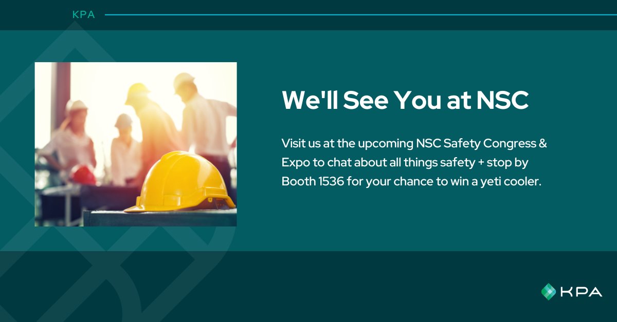 KPAonline's tweet image. Will you be at the @NSCsafety Safety Congress &amp;amp; Expo later this month? We&apos;ll see you there! Stop by booth 1536 to chat with us about all things safety.

Need to streamline your safety program? Set up a meeting! info.kpa.io/kpa-nsc-schedu…  

#safetyculture #EHScommunity