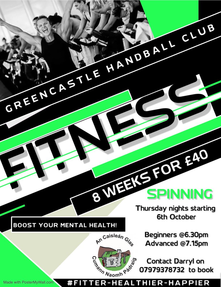 Spinning classes will commence in An Caisleán Glas community centre from Thursday 6th October. 

Contact Darryl on 07979378732 to book 📞