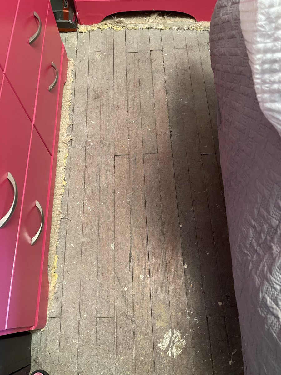adgwritergal's tweet photo. I had some carpet pulled up in my bedroom today and found original hardwood floors. I believe they run throughout the entire house. The house was built in 1900 house & I really want to keep as many original features as possible. I’m hoping they can be saved. #RestoreDontReplace https://t.co/iZXvNSEDBG