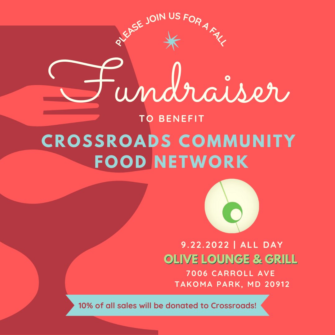 Stop by the Olive Lounge on Thursday, 9/22, to support Crossroads! 10% of sales will go toward increasing healthy food access in our community. 

Can't make it? Donate to Crossroads today: bit.ly/Crossroadsdona…

#olivethisplace #eatlocal #foodjustice #healthyfoodforall